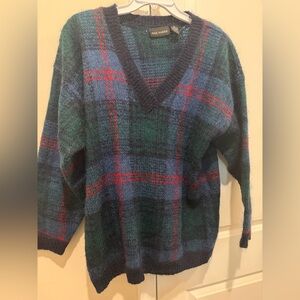 Paul Harris Vintage V-neck mohair-blend plaid sweater Size L
